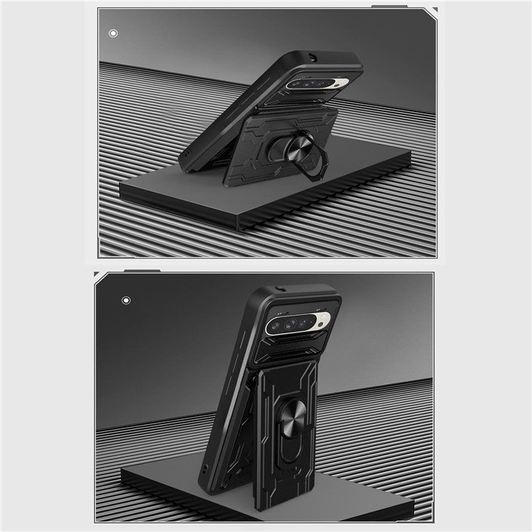 For Google Pixel 9 Pro  /  Pixel 9 Case PC+TPU Kickstand Phone Back Cover with Camera Slider - Titanium Grey