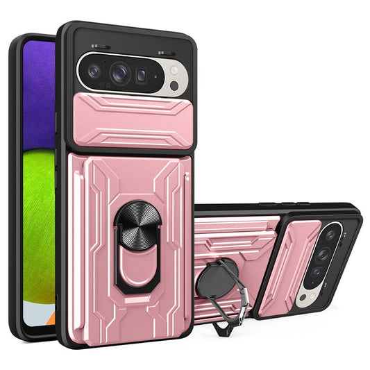 For Google Pixel 9 Pro  /  Pixel 9 Case PC+TPU Kickstand Phone Back Cover with Camera Slider - Rose Gold
