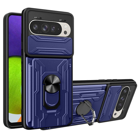 For Google Pixel 9 Pro  /  Pixel 9 Case PC+TPU Kickstand Phone Back Cover with Camera Slider - Sapphire