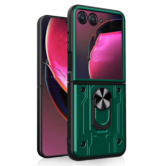 For Motorola Razr 50 Ultra 5G Case PC+TPU Kickstand Phone Back Cover with Camera Slider - Blackish Green