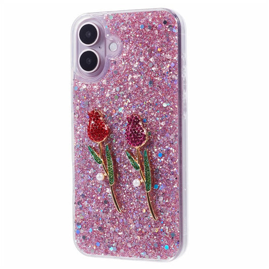 For iPhone 16 Plus Phone Case Sparkle Glitter Rose TPU Acrylic Back Cover - Pink