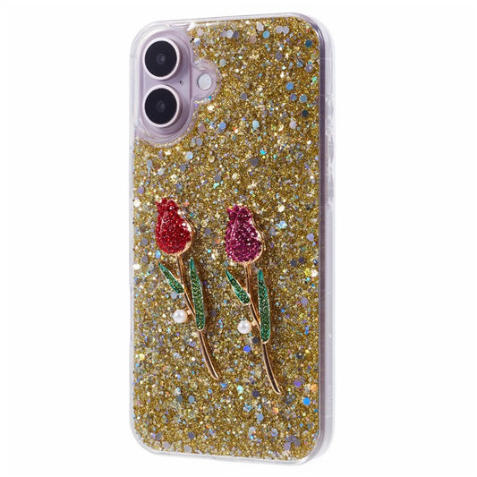 For iPhone 16 Plus Phone Case Sparkle Glitter Rose TPU Acrylic Back Cover - Gold