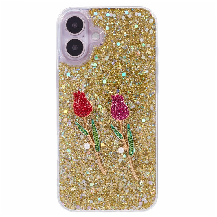 For iPhone 16 Plus Phone Case Sparkle Glitter Rose TPU Acrylic Back Cover - Gold