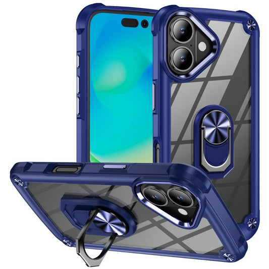 For iPhone 16 Plus Case Alloy Lens Frame PC + TPU Kickstand Phone Back Cover - Sapphire