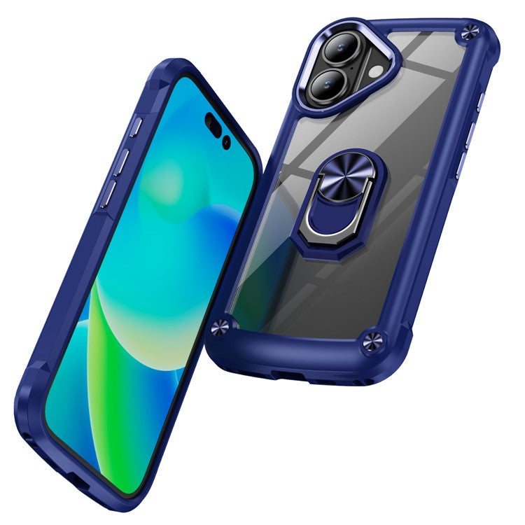 For iPhone 16 Plus Case Alloy Lens Frame PC + TPU Kickstand Phone Back Cover - Sapphire