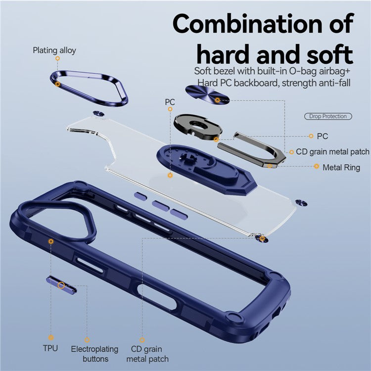 For iPhone 16 Plus Case Alloy Lens Frame PC + TPU Kickstand Phone Back Cover - Sapphire