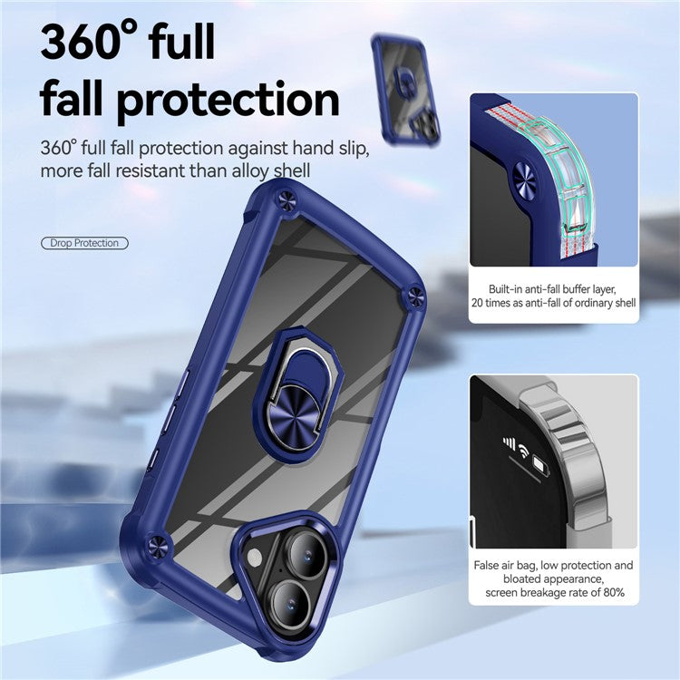 For iPhone 16 Plus Case Alloy Lens Frame PC + TPU Kickstand Phone Back Cover - Sapphire