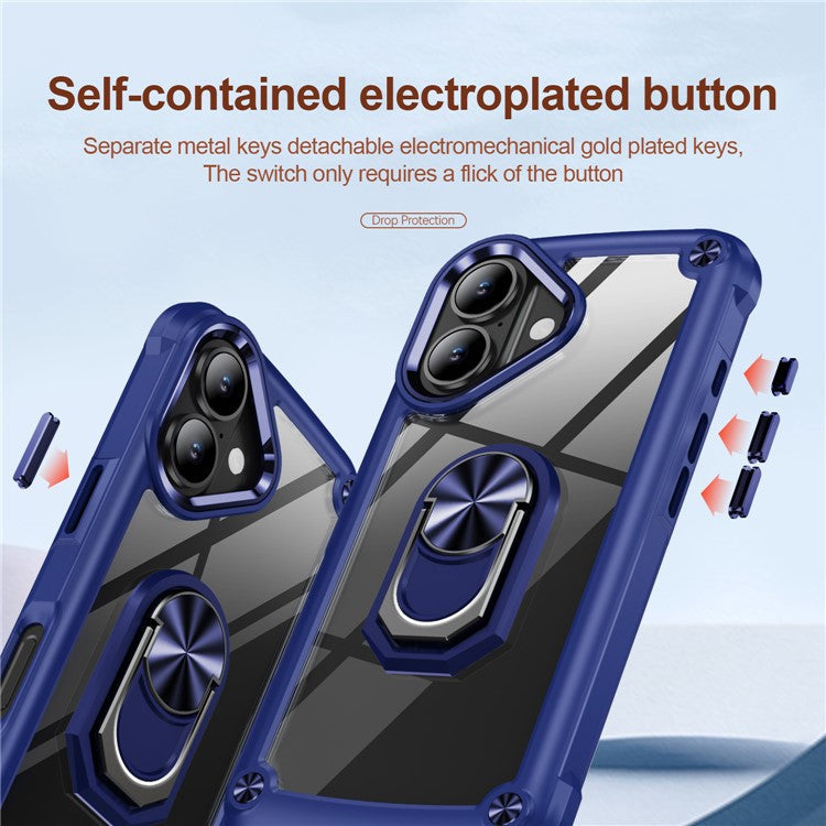 For iPhone 16 Plus Case Alloy Lens Frame PC + TPU Kickstand Phone Back Cover - Sapphire