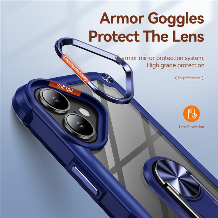 For iPhone 16 Plus Case Alloy Lens Frame PC + TPU Kickstand Phone Back Cover - Sapphire