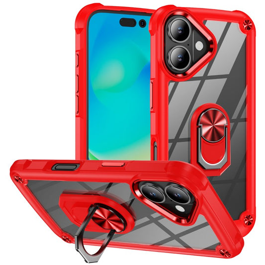 For iPhone 16 Plus Case Alloy Lens Frame PC + TPU Kickstand Phone Back Cover - Red