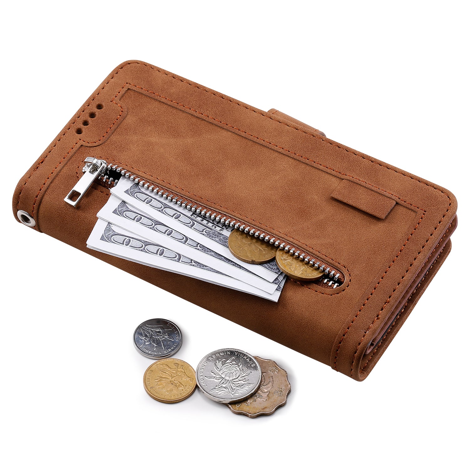For Samsung Galaxy A16 5G / A16 4G Case PU Leather Phone Cover with Zipper Wallet 9 Card Slots - Brown