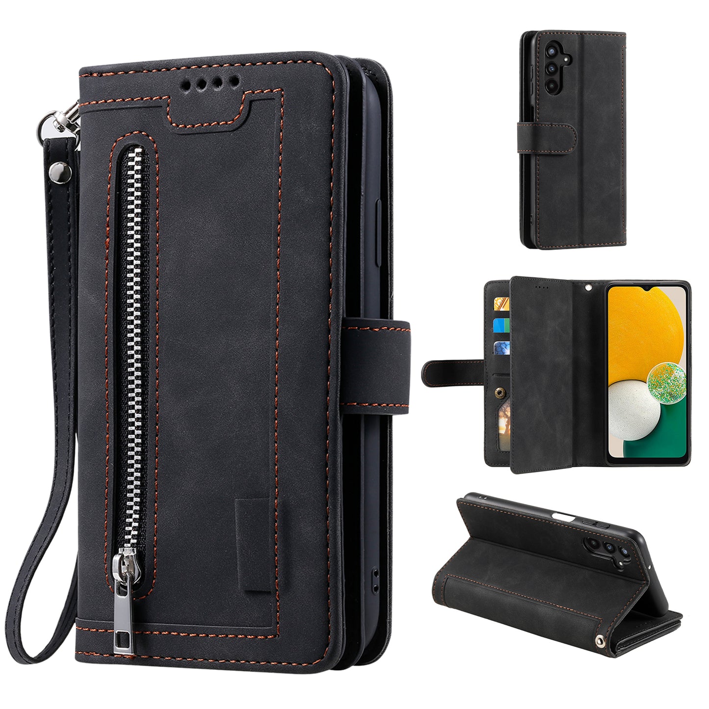 For Samsung Galaxy A16 5G / A16 4G Case PU Leather Phone Cover with Zipper Wallet 9 Card Slots - Black