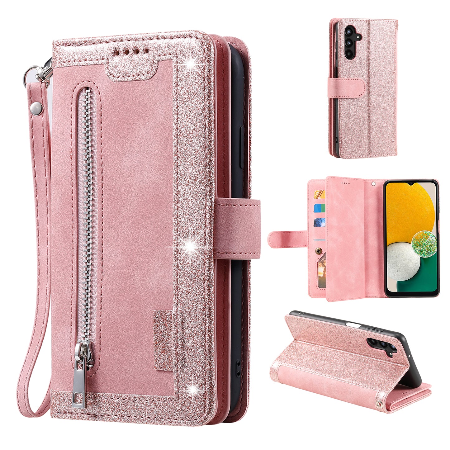 For Samsung Galaxy A16 5G / A16 4G Case PU Leather Phone Cover with Zipper Wallet 9 Card Slots - Rose Gold