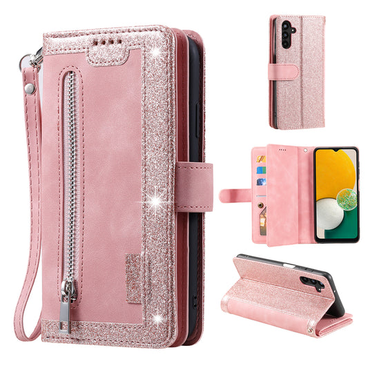 For Samsung Galaxy A16 5G / A16 4G Case PU Leather Phone Cover with Zipper Wallet 9 Card Slots - Rose Gold