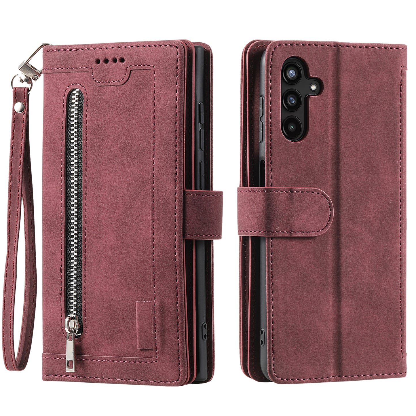 For Samsung Galaxy A16 5G / A16 4G Case PU Leather Phone Cover with Zipper Wallet 9 Card Slots - Wine Red