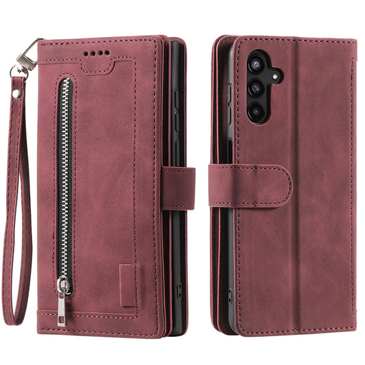 For Samsung Galaxy A16 5G / A16 4G Case PU Leather Phone Cover with Zipper Wallet 9 Card Slots - Wine Red