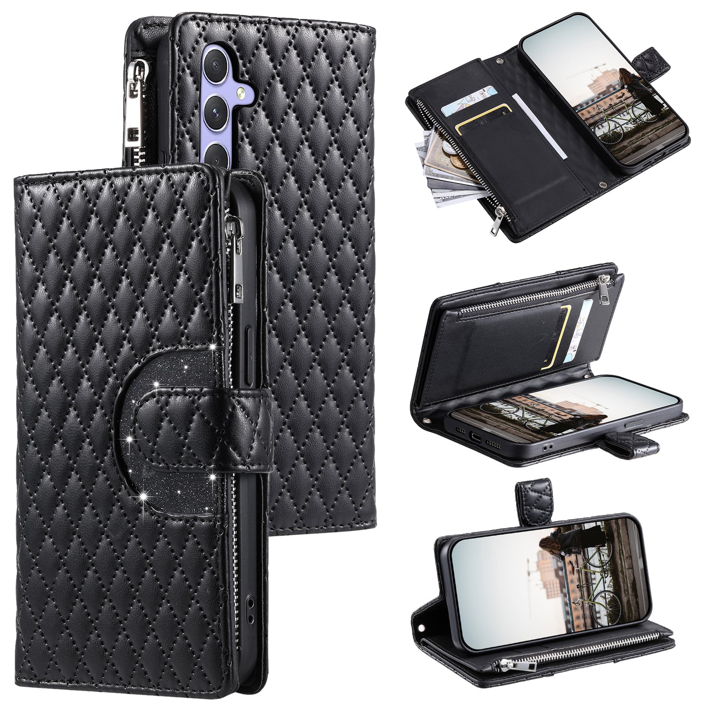 Style 012 for Samsung Galaxy A16 5G / A16 4G Case Zipper Pocket Glitter Leather Phone Cover - Black