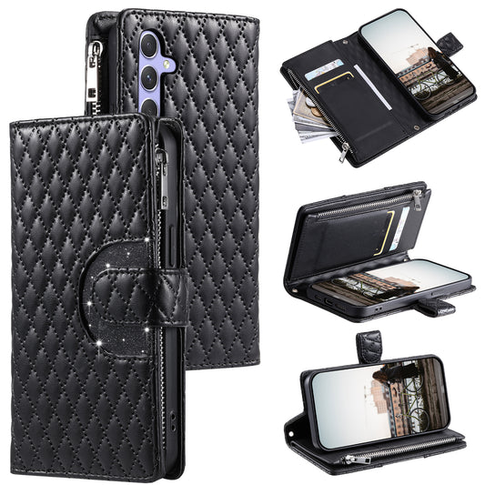 Style 012 for Samsung Galaxy A16 5G / A16 4G Case Zipper Pocket Glitter Leather Phone Cover - Black