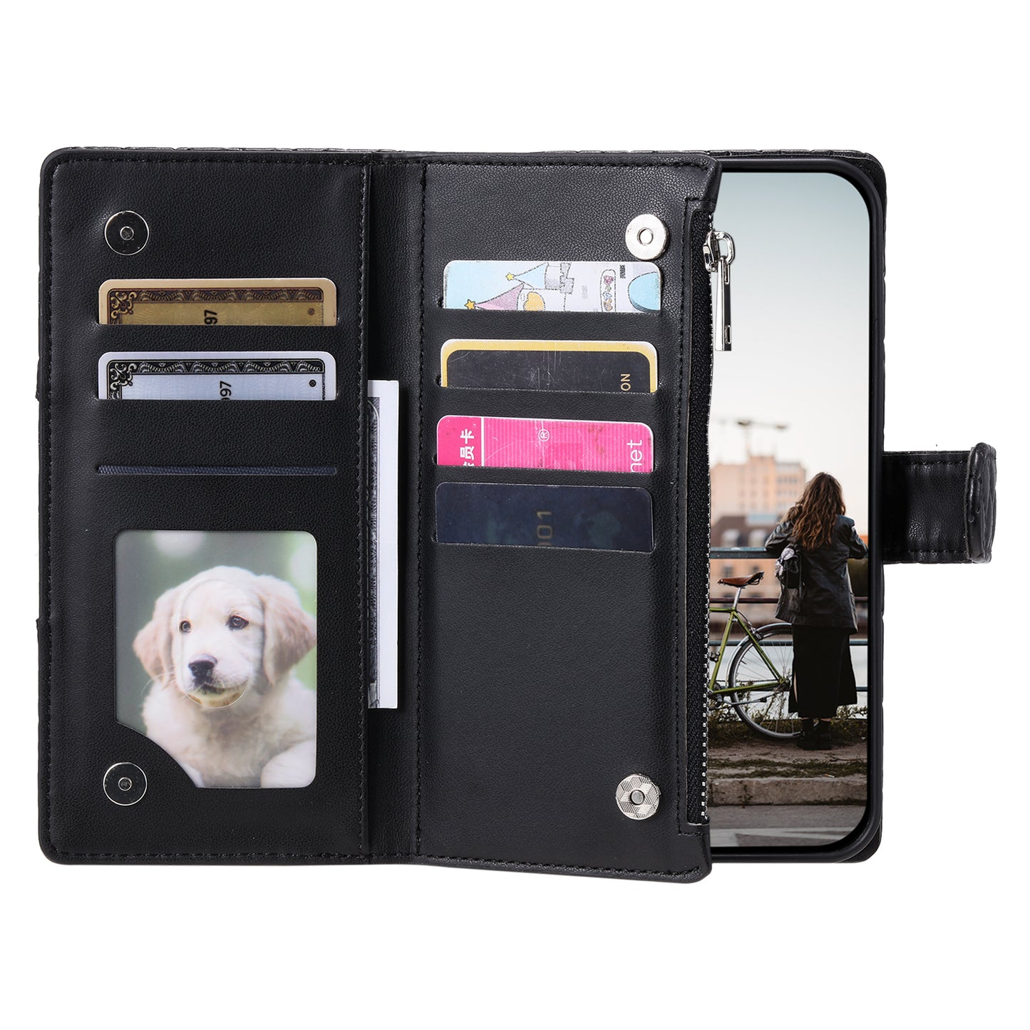 Style 012 for Samsung Galaxy A16 5G / A16 4G Case Zipper Pocket Glitter Leather Phone Cover - Black
