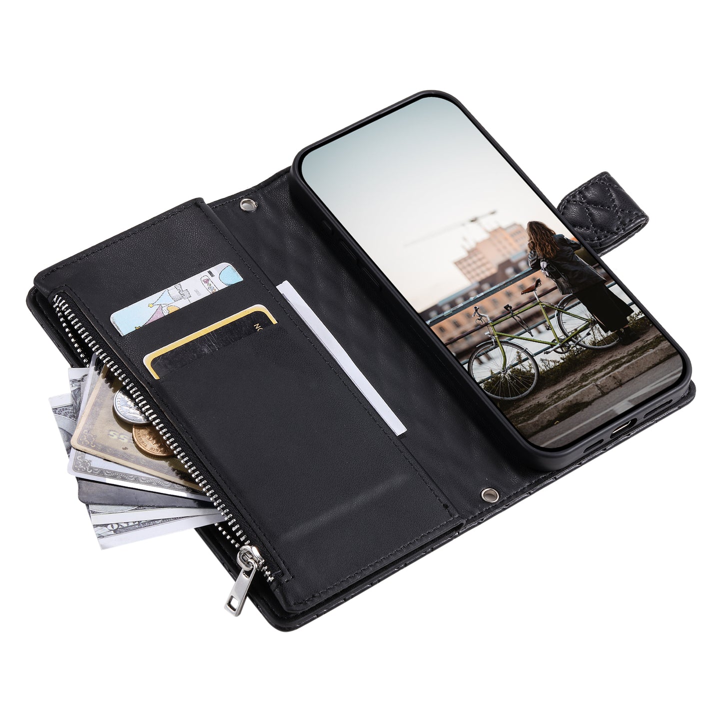Style 012 for Samsung Galaxy A16 5G / A16 4G Case Zipper Pocket Glitter Leather Phone Cover - Black
