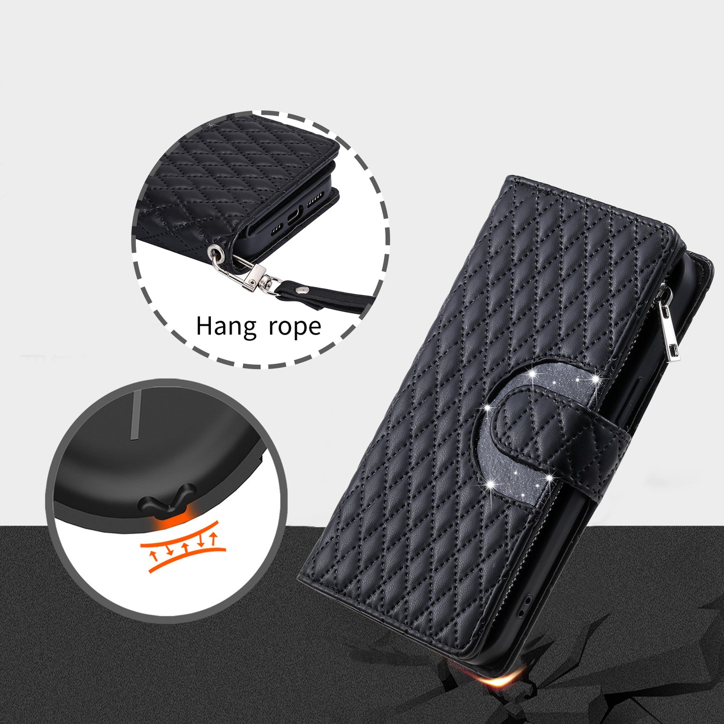 Style 012 for Samsung Galaxy A16 5G / A16 4G Case Zipper Pocket Glitter Leather Phone Cover - Black