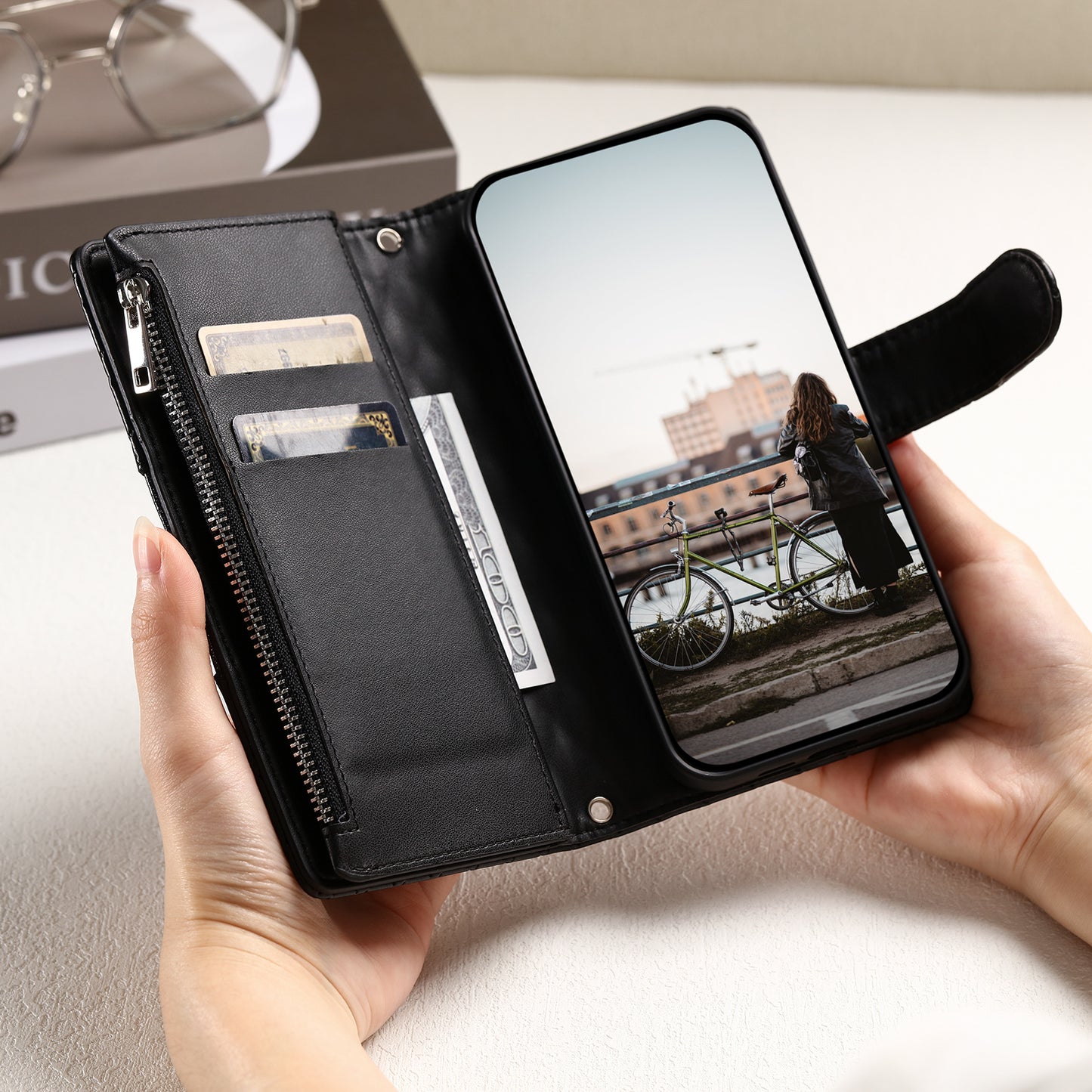 Style 012 for Samsung Galaxy A16 5G / A16 4G Case Zipper Pocket Glitter Leather Phone Cover - Black