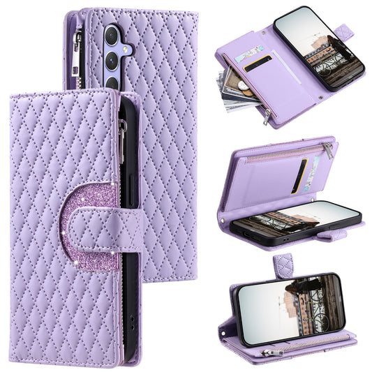 Style 012 for Samsung Galaxy A16 5G / A16 4G Case Zipper Pocket Glitter Leather Phone Cover - Purple