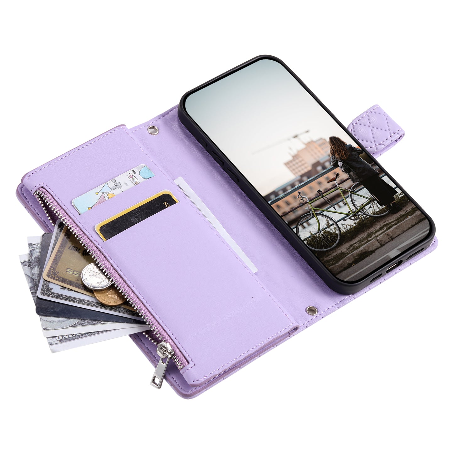 Style 012 for Samsung Galaxy A16 5G / A16 4G Case Zipper Pocket Glitter Leather Phone Cover - Purple