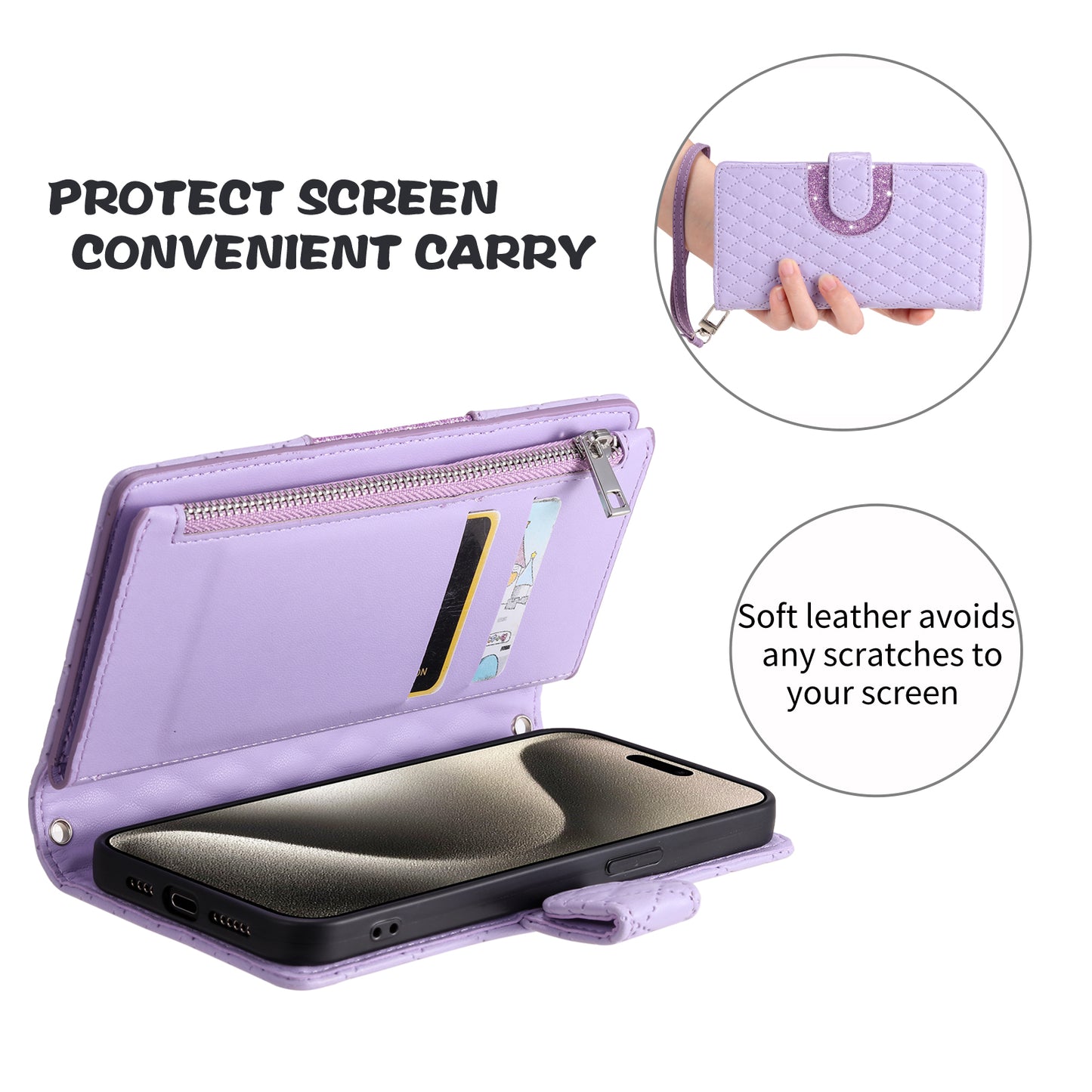 Style 012 for Samsung Galaxy A16 5G / A16 4G Case Zipper Pocket Glitter Leather Phone Cover - Purple