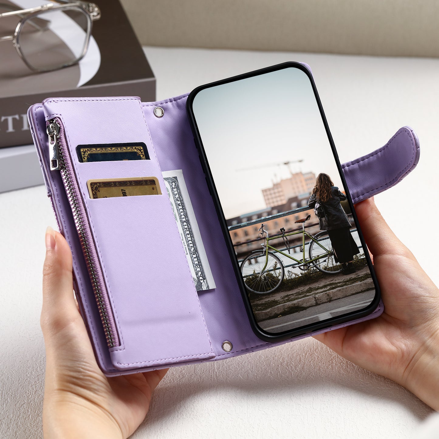 Style 012 for Samsung Galaxy A16 5G / A16 4G Case Zipper Pocket Glitter Leather Phone Cover - Purple