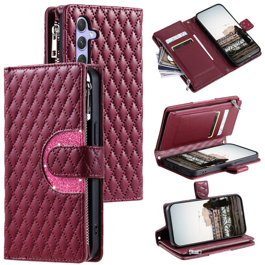 Style 012 for Samsung Galaxy A16 5G / A16 4G Case Zipper Pocket Glitter Leather Phone Cover - Wine Red