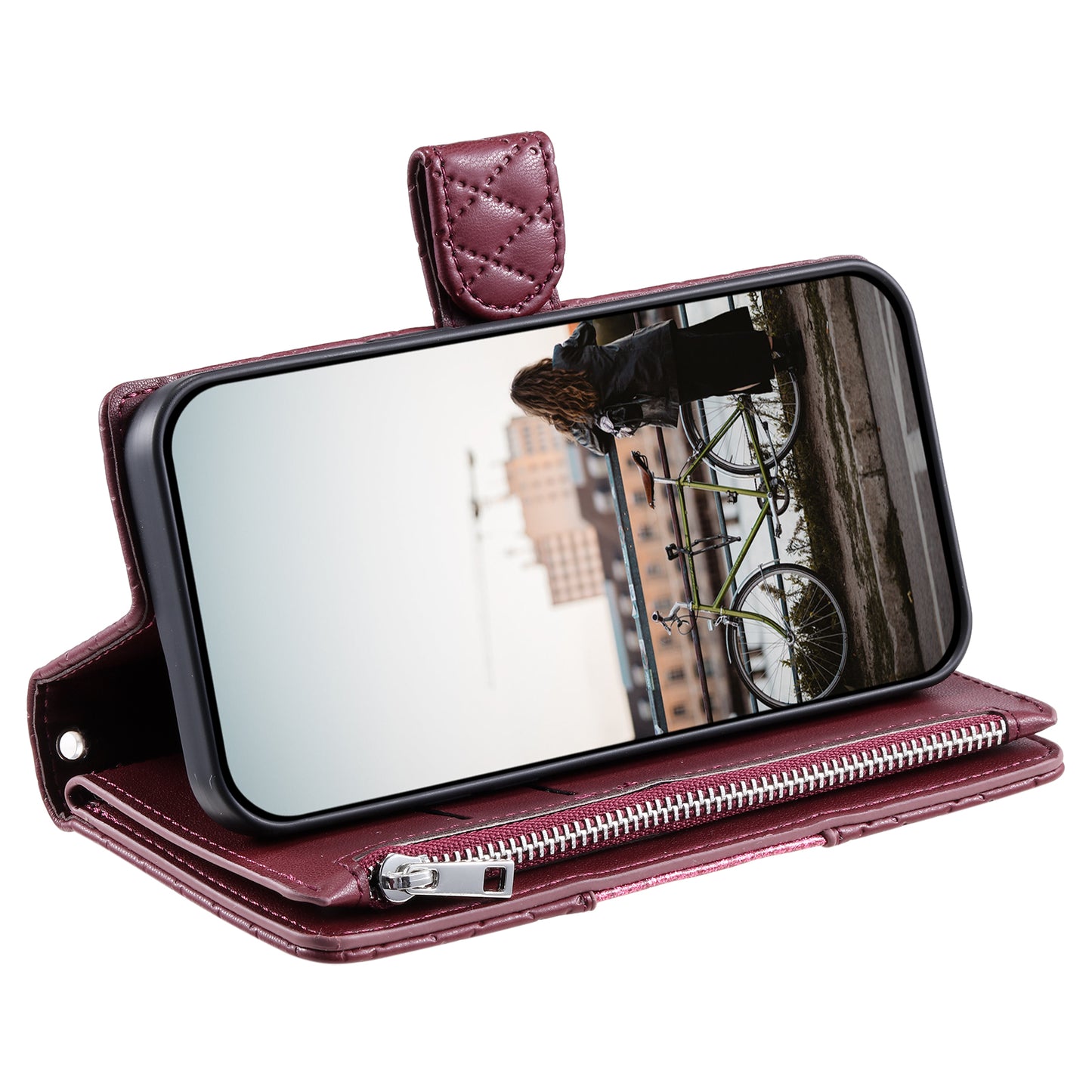 Style 012 for Samsung Galaxy A16 5G / A16 4G Case Zipper Pocket Glitter Leather Phone Cover - Wine Red