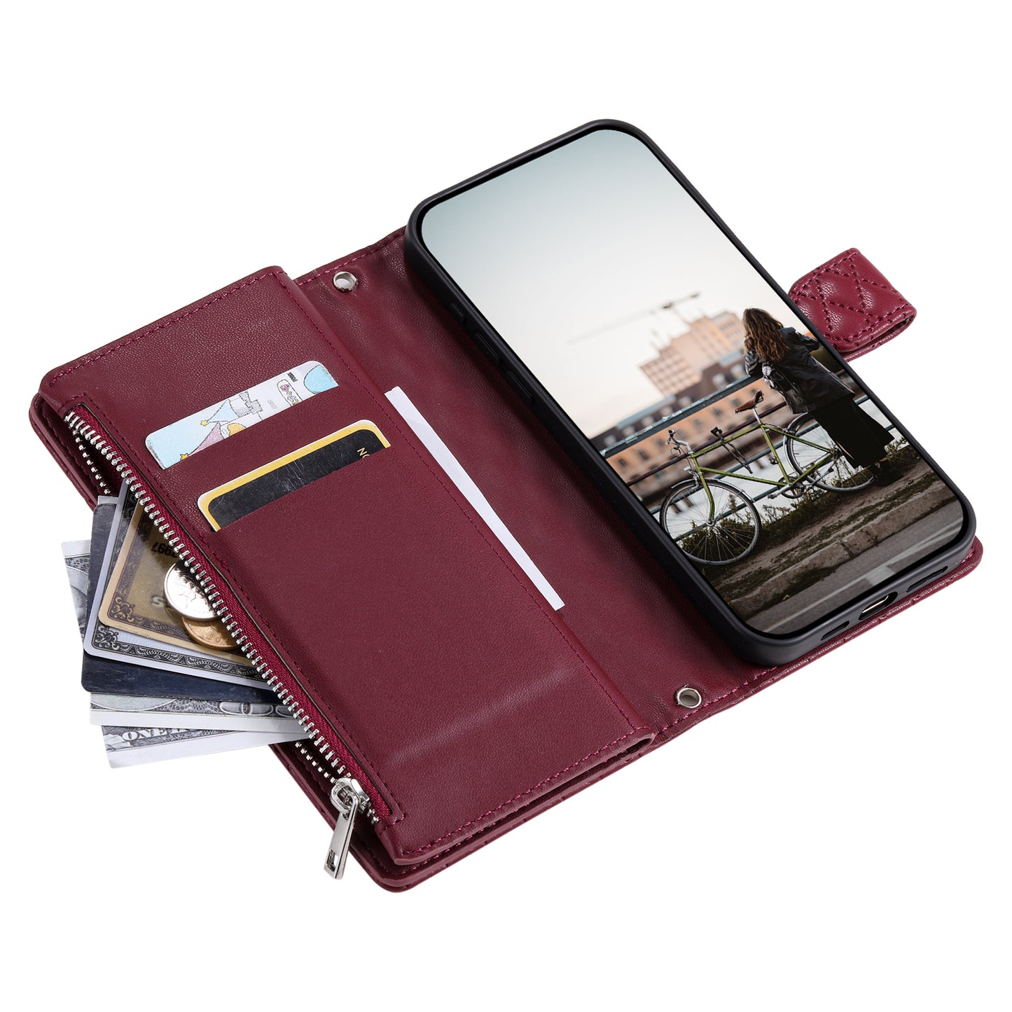 Style 012 for Samsung Galaxy A16 5G / A16 4G Case Zipper Pocket Glitter Leather Phone Cover - Wine Red