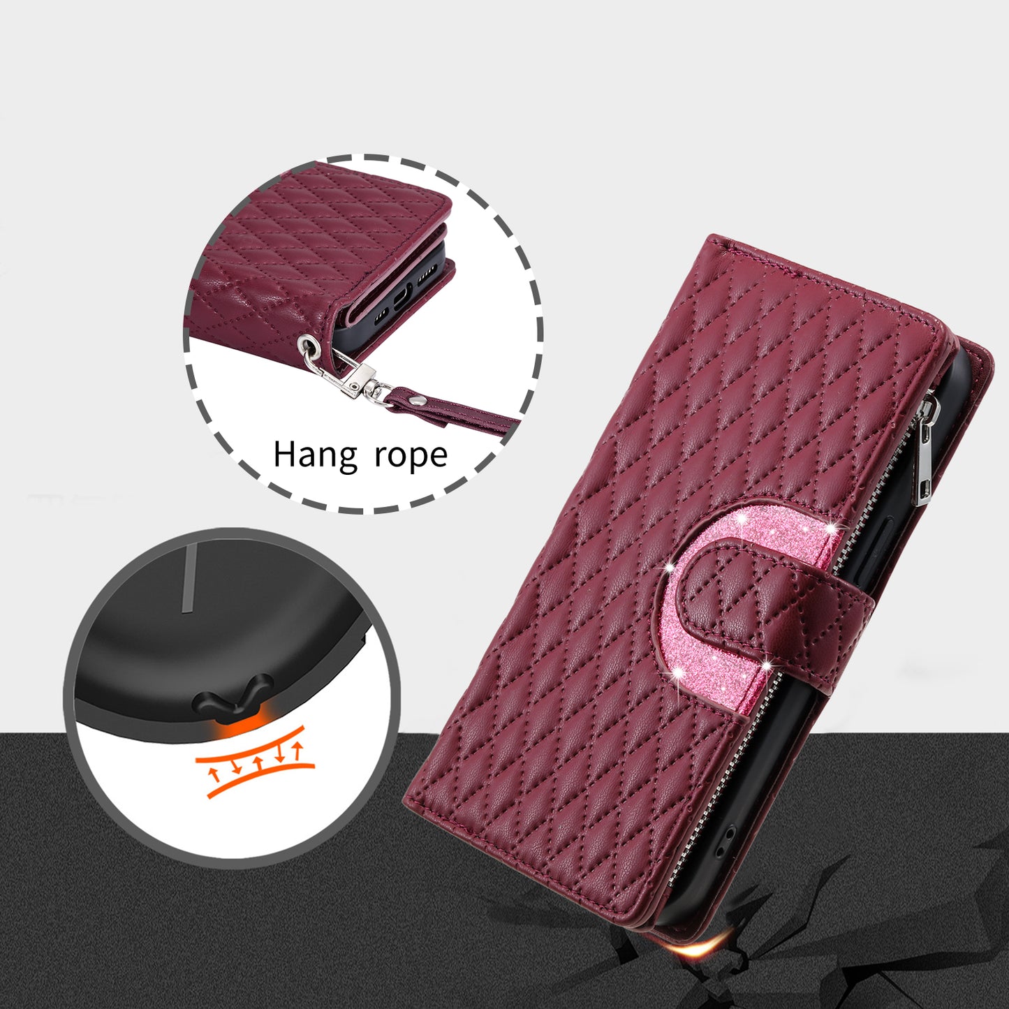 Style 012 for Samsung Galaxy A16 5G / A16 4G Case Zipper Pocket Glitter Leather Phone Cover - Wine Red