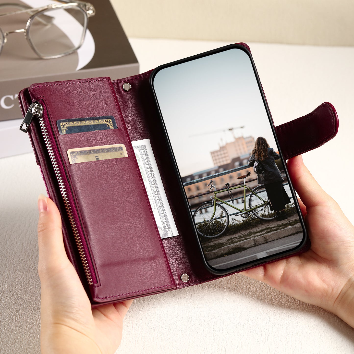 Style 012 for Samsung Galaxy A16 5G / A16 4G Case Zipper Pocket Glitter Leather Phone Cover - Wine Red