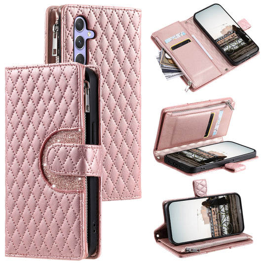 Style 012 for Samsung Galaxy A16 5G / A16 4G Case Zipper Pocket Glitter Leather Phone Cover - Rose Gold