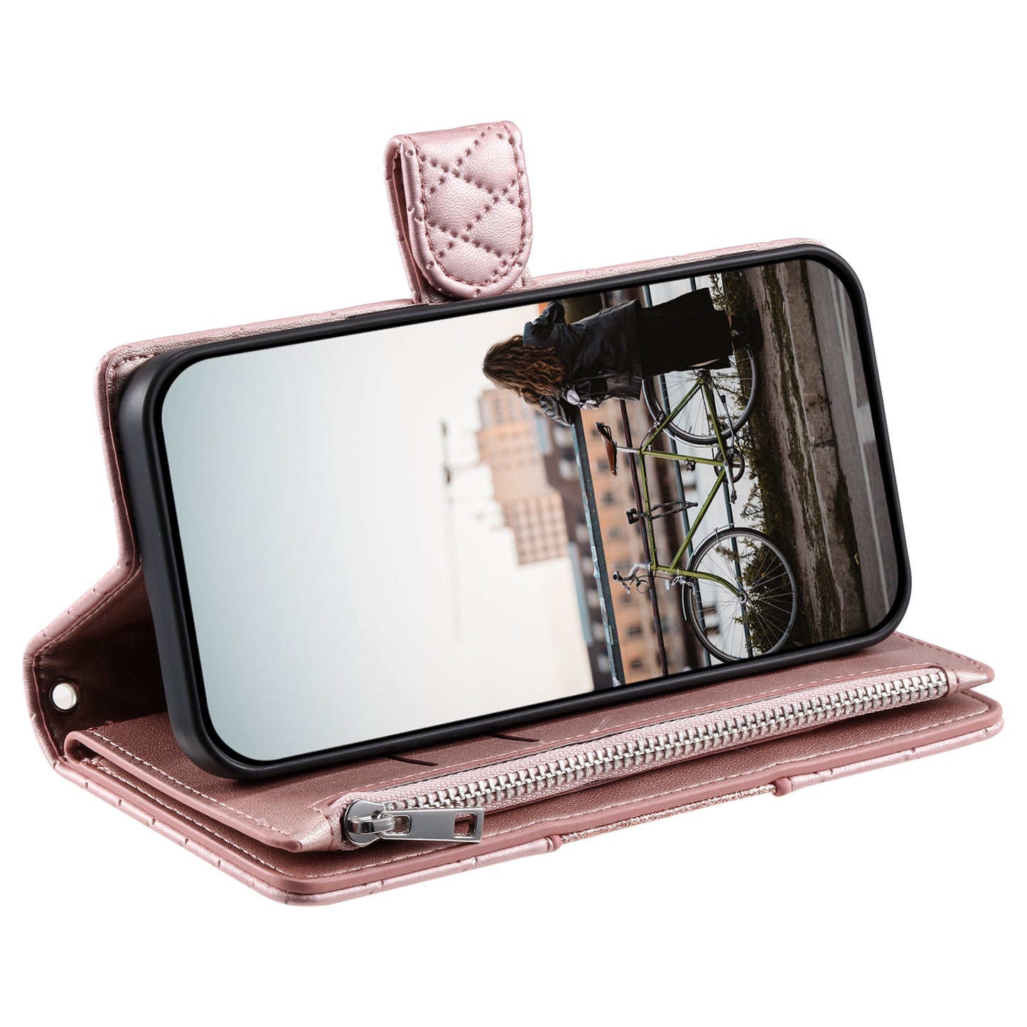 Style 012 for Samsung Galaxy A16 5G / A16 4G Case Zipper Pocket Glitter Leather Phone Cover - Rose Gold