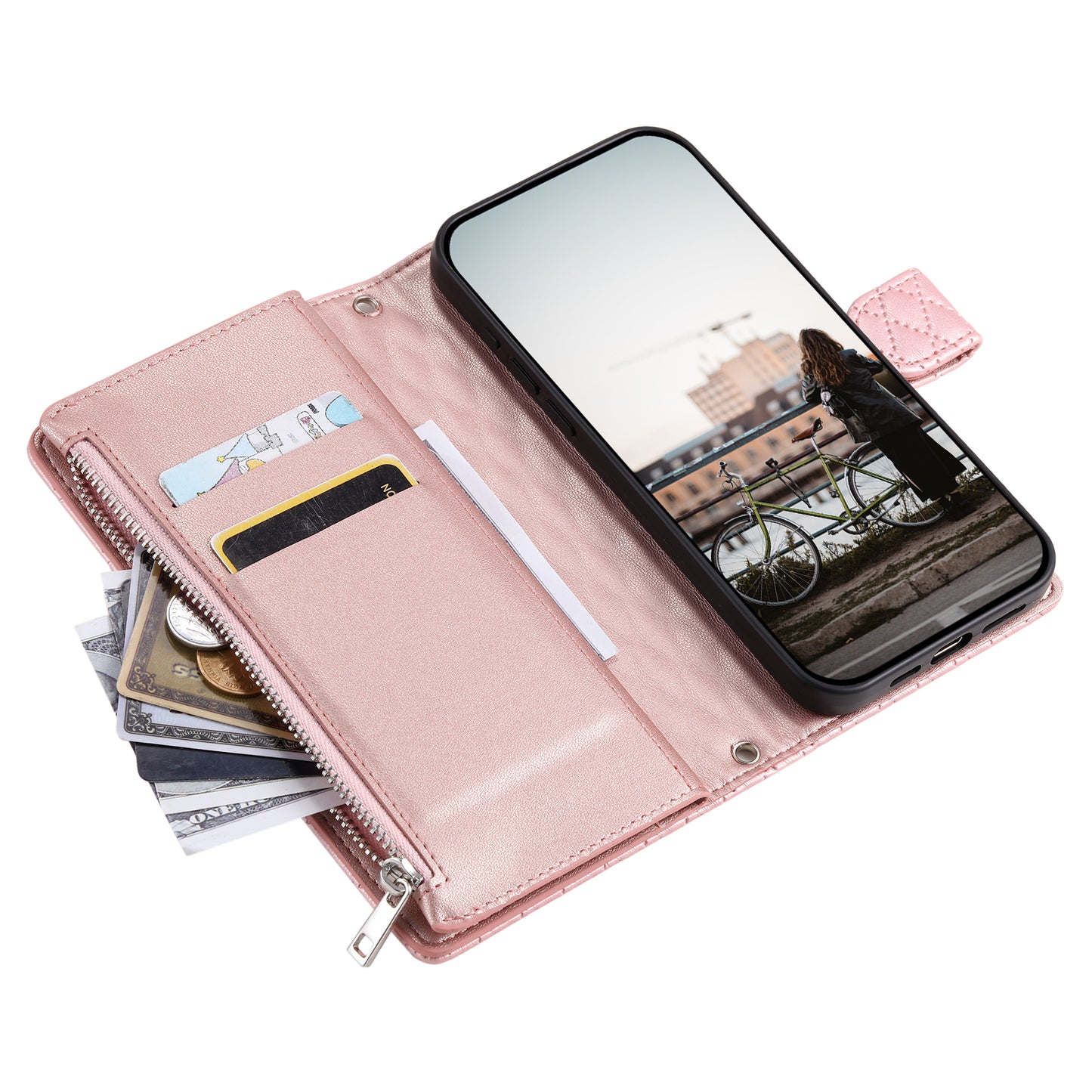 Style 012 for Samsung Galaxy A16 5G / A16 4G Case Zipper Pocket Glitter Leather Phone Cover - Rose Gold