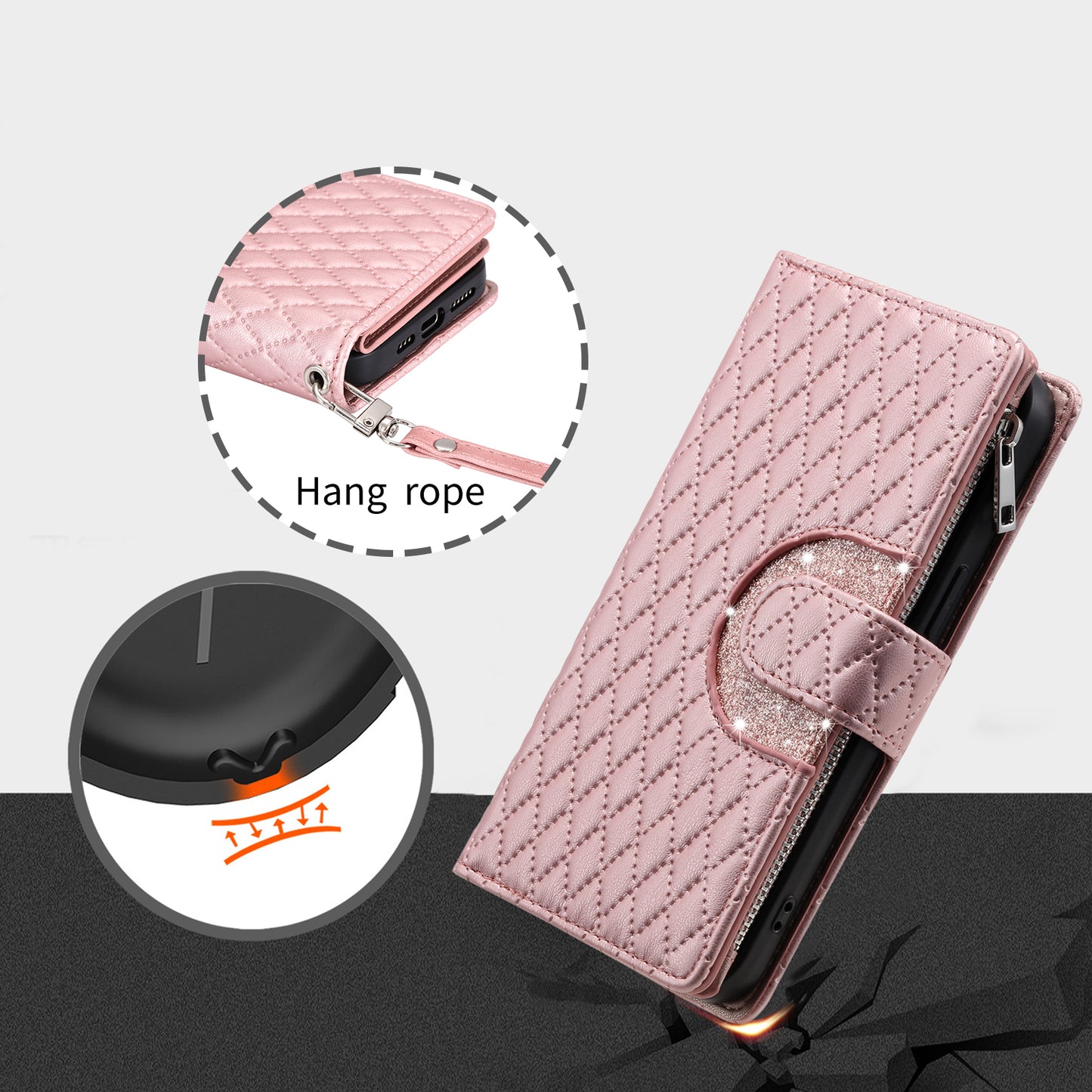 Style 012 for Samsung Galaxy A16 5G / A16 4G Case Zipper Pocket Glitter Leather Phone Cover - Rose Gold