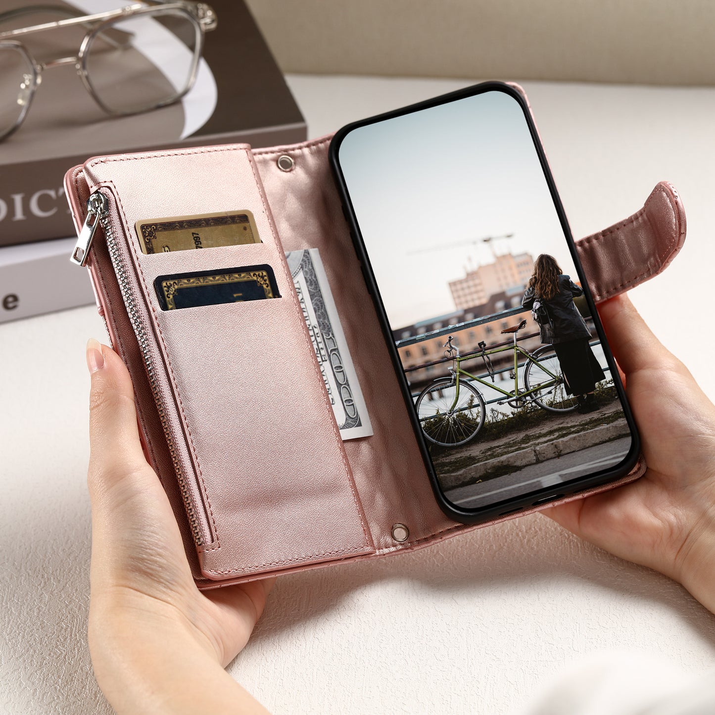 Style 012 for Samsung Galaxy A16 5G / A16 4G Case Zipper Pocket Glitter Leather Phone Cover - Rose Gold