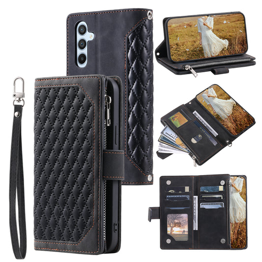 Style 005 For Samsung Galaxy A16 5G / A16 4G Wallet Case Rhombus Stitching Line PU Leather Phone Cover - Black