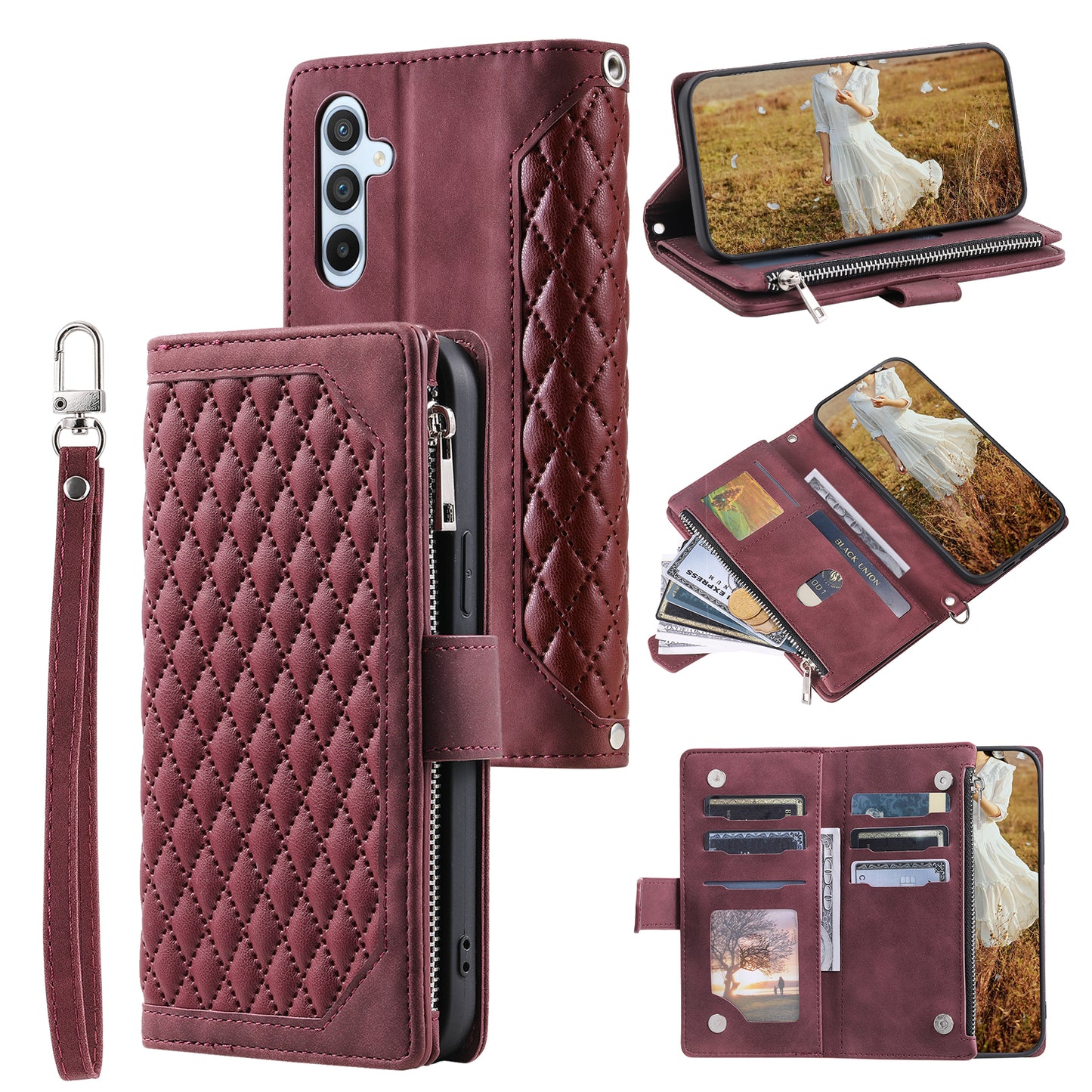 Style 005 For Samsung Galaxy A16 5G / A16 4G Wallet Case Rhombus Stitching Line PU Leather Phone Cover - Wine Red