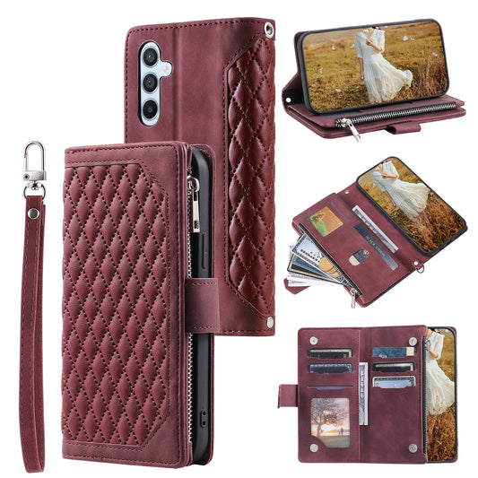 Style 005 For Samsung Galaxy A16 5G / A16 4G Wallet Case Rhombus Stitching Line PU Leather Phone Cover - Wine Red