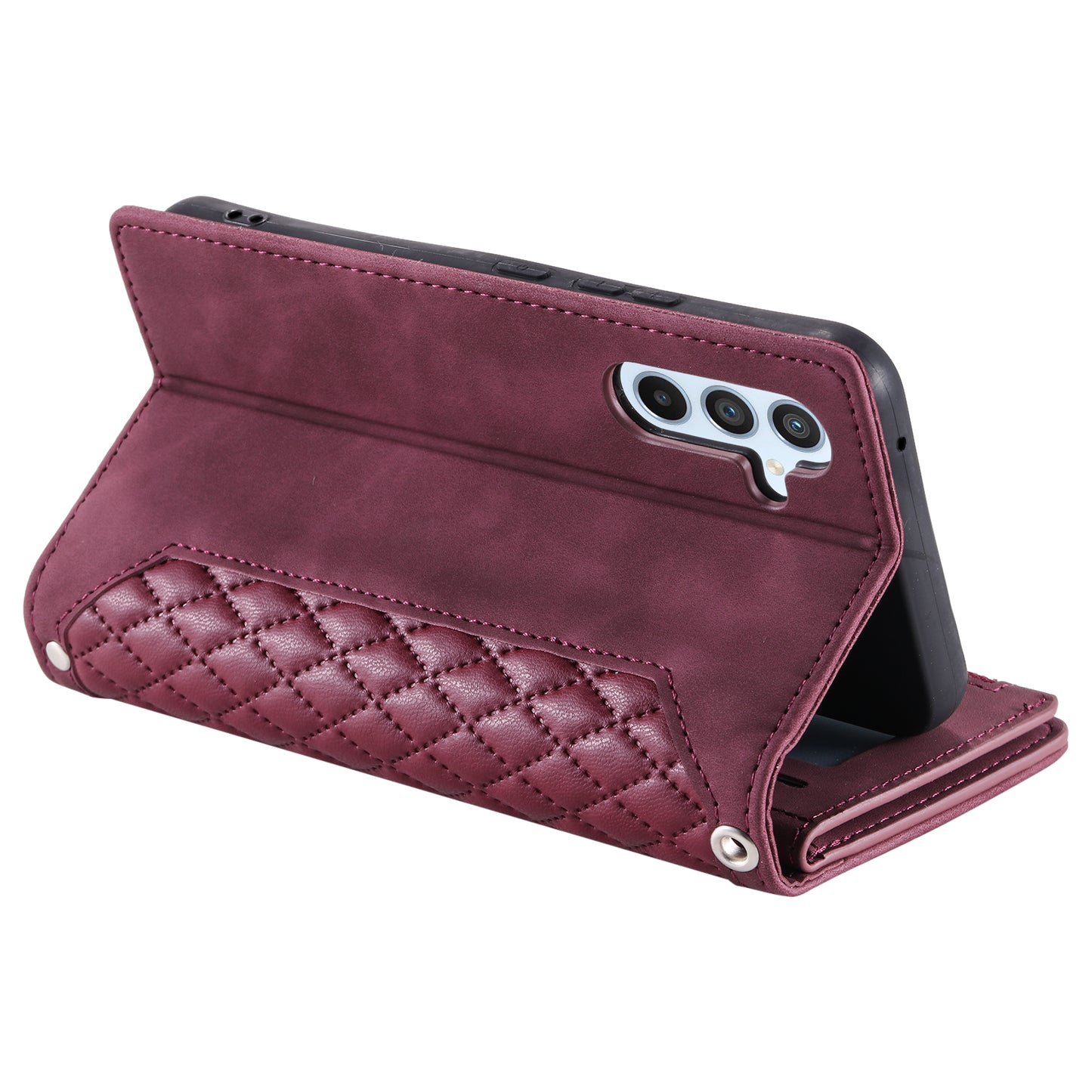 Style 005 For Samsung Galaxy A16 5G / A16 4G Wallet Case Rhombus Stitching Line PU Leather Phone Cover - Wine Red