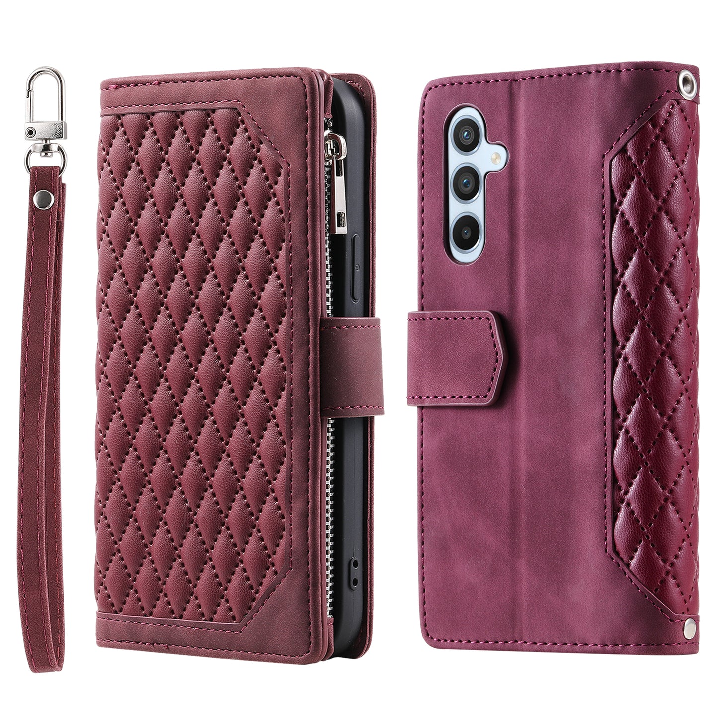 Style 005 For Samsung Galaxy A16 5G / A16 4G Wallet Case Rhombus Stitching Line PU Leather Phone Cover - Wine Red