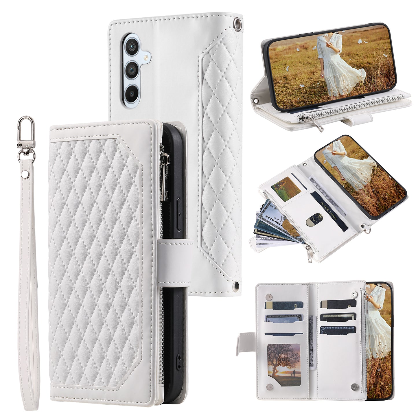 Style 005 For Samsung Galaxy A16 5G / A16 4G Wallet Case Rhombus Stitching Line PU Leather Phone Cover - White