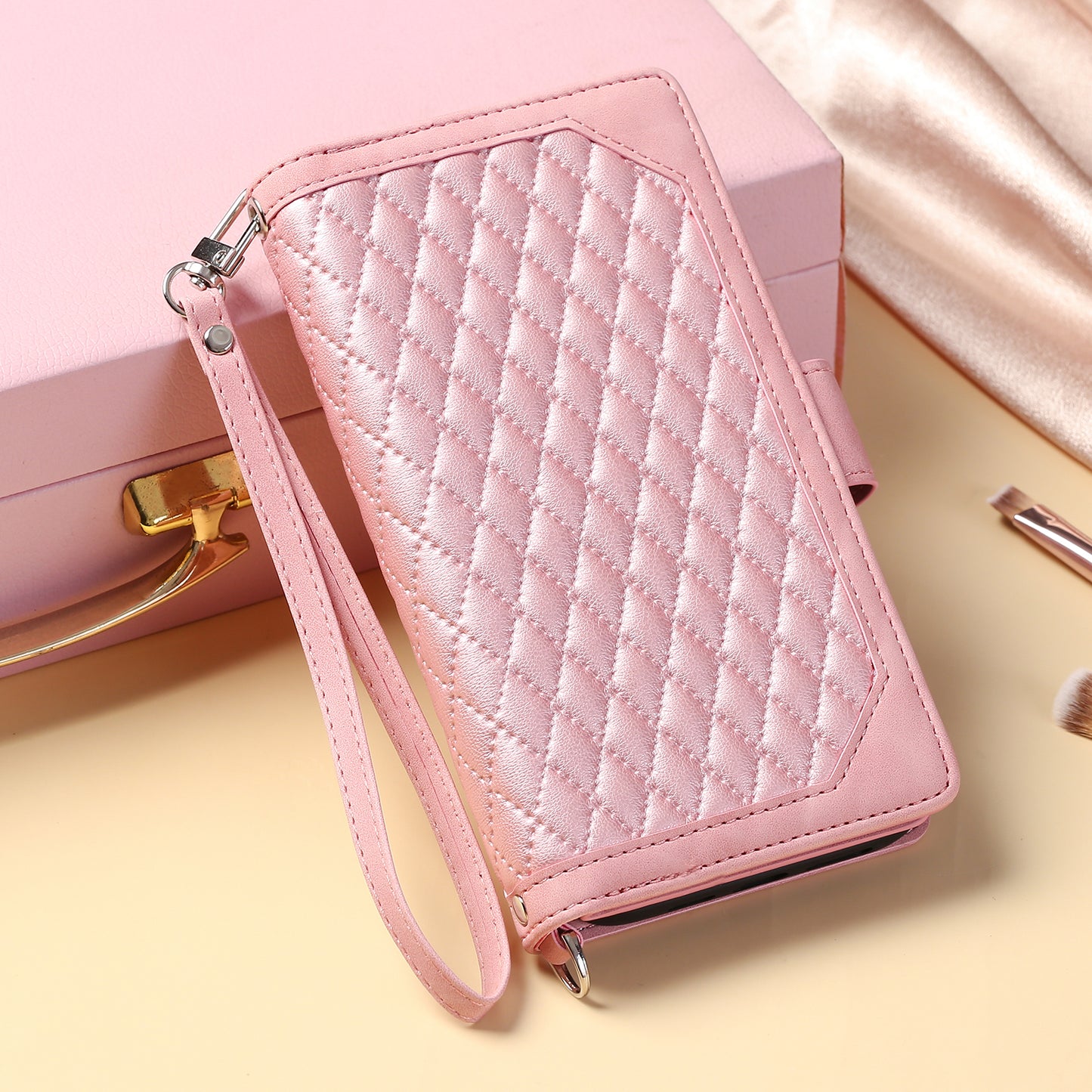 Style 005 For Samsung Galaxy A16 5G / A16 4G Wallet Case Rhombus Stitching Line PU Leather Phone Cover - Rose Gold