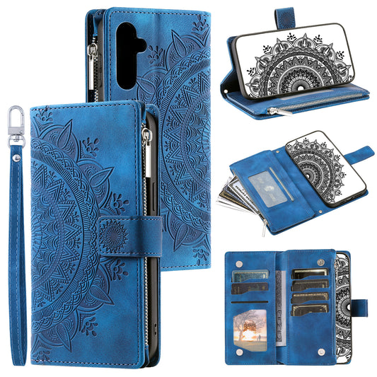 Style 006 For Samsung Galaxy A16 5G / A16 4G Wallet Case PU Leather Phone Cover Mandala Flower Pattern - Blue