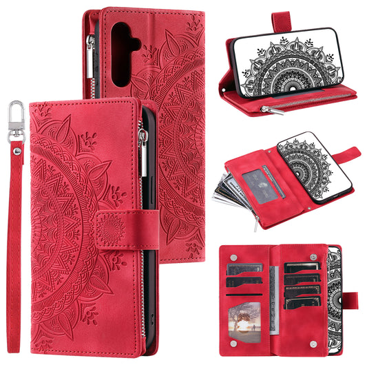 Style 006 For Samsung Galaxy A16 5G / A16 4G Wallet Case PU Leather Phone Cover Mandala Flower Pattern - Red
