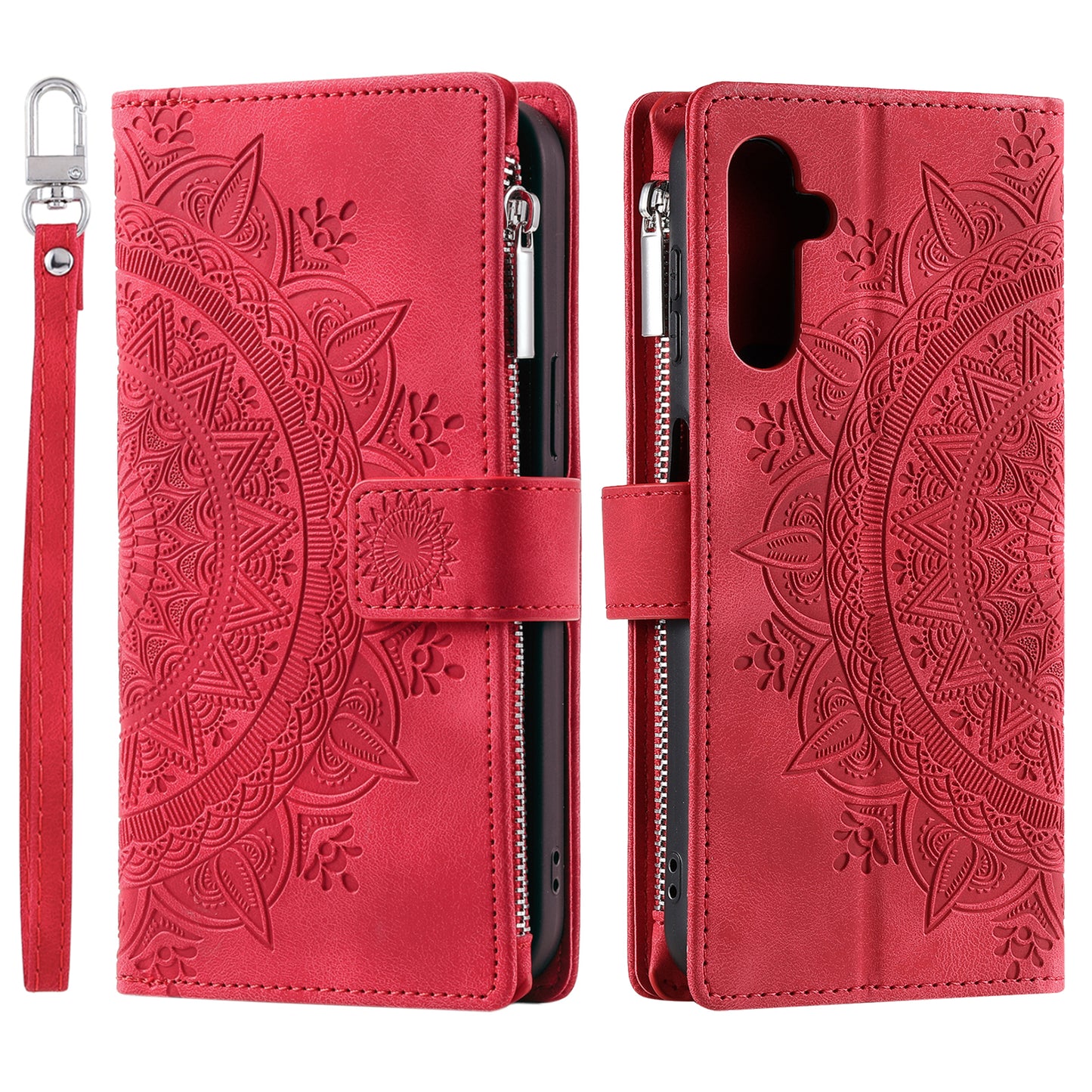 Style 006 For Samsung Galaxy A16 5G / A16 4G Wallet Case PU Leather Phone Cover Mandala Flower Pattern - Red